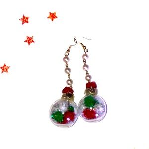 Handmade Holiday Ornament Earrings with Red and Green Glitter Balls Golden Hooks